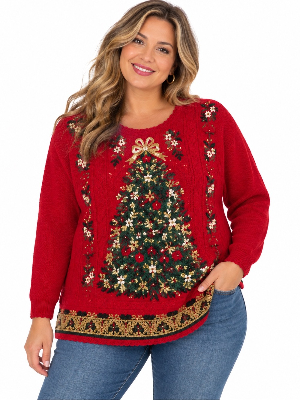 Vintage Croft & Barrow Christmas Sweater 18/20 Embroidered Tree Red Holiday